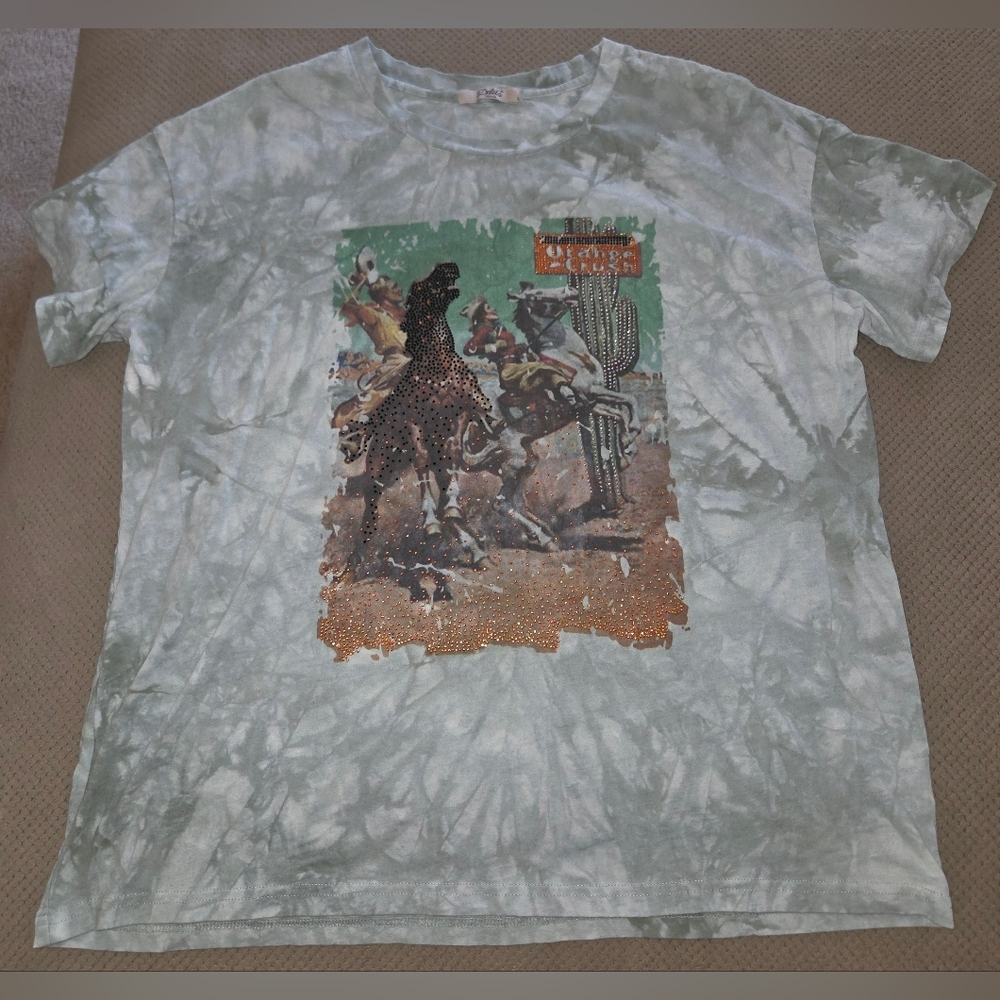 Delila Texas cowboy cowgirl Embroidered Patchwork Short Sleeve Shirt size Large